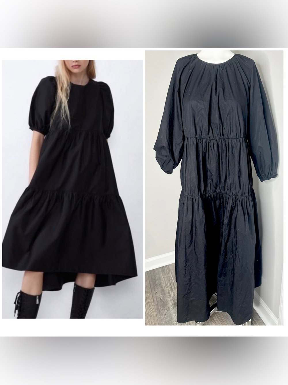 ZARA Black Tiered Midi Dress with Puff Sleeves SMALL